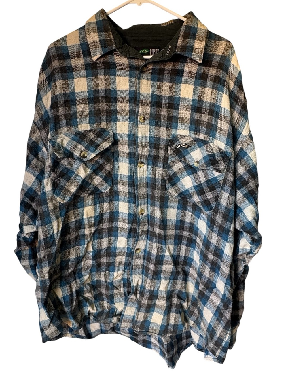 Vintage Y2K Rusty SURF Men's XL Blue Black Cream Plaid Button-Down Shirt